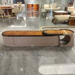 Curved Amber Burl Wood TV Stand with Stepped Top and Open Arch Side Storage